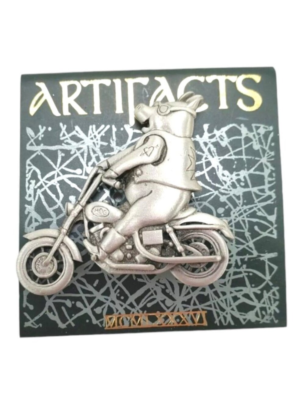Vintage Signed JJ Pig Hog On Motorcycle Brooch Jonnette Silver Tone Pewter NOS